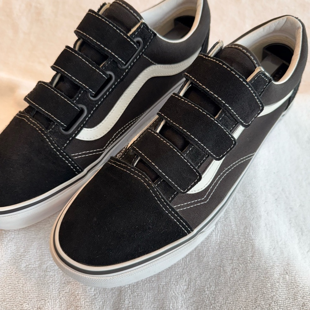 Vans Old Skool V Black Suede Canvas Skate Triple Velcro Adult Unisex M 10.5 W 12